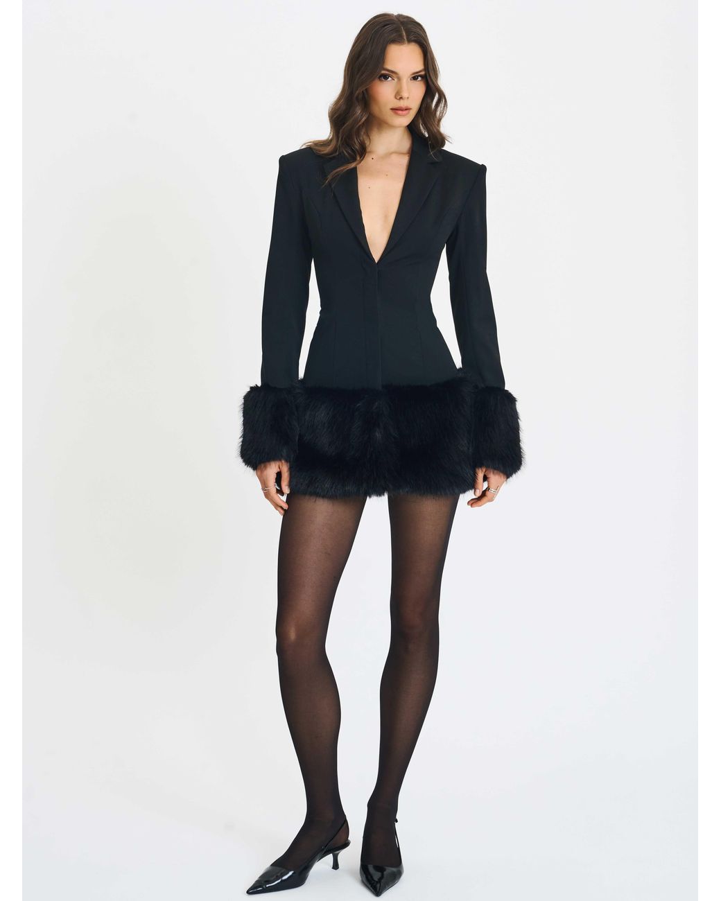 Miss Circle New York Blue Wenona Fur Trimmed V-Neck Mini Blazer Dress