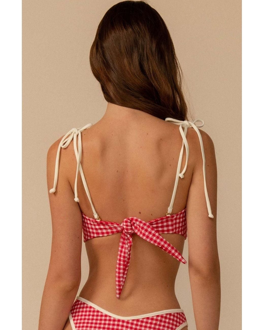 Montce Red Micro Gingham Binded Tori Ties Bandeau Bikini Top