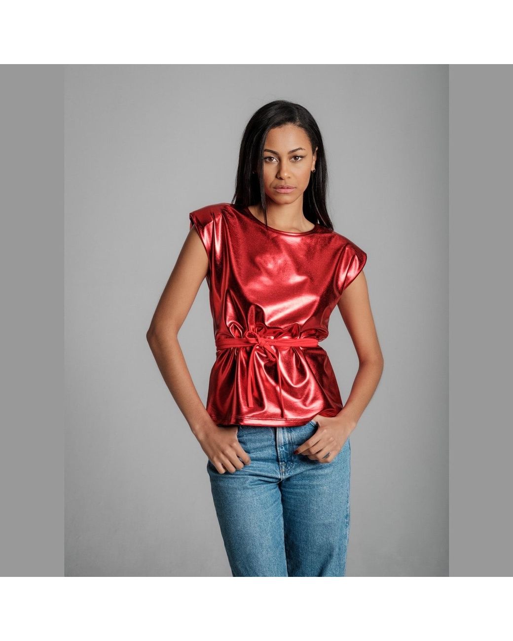 Imaatu Red Bowie Glam Metallic Faux Leather Shoulder Pad Top