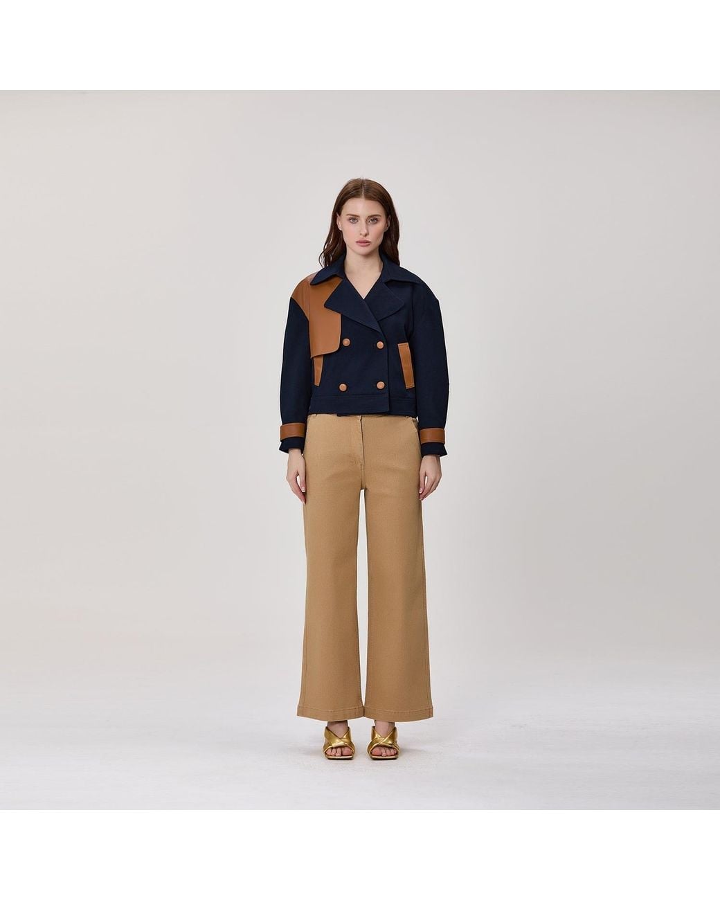Smart and Joy Blue Short Double-Breasted Trench Coat With Contrasting Panels