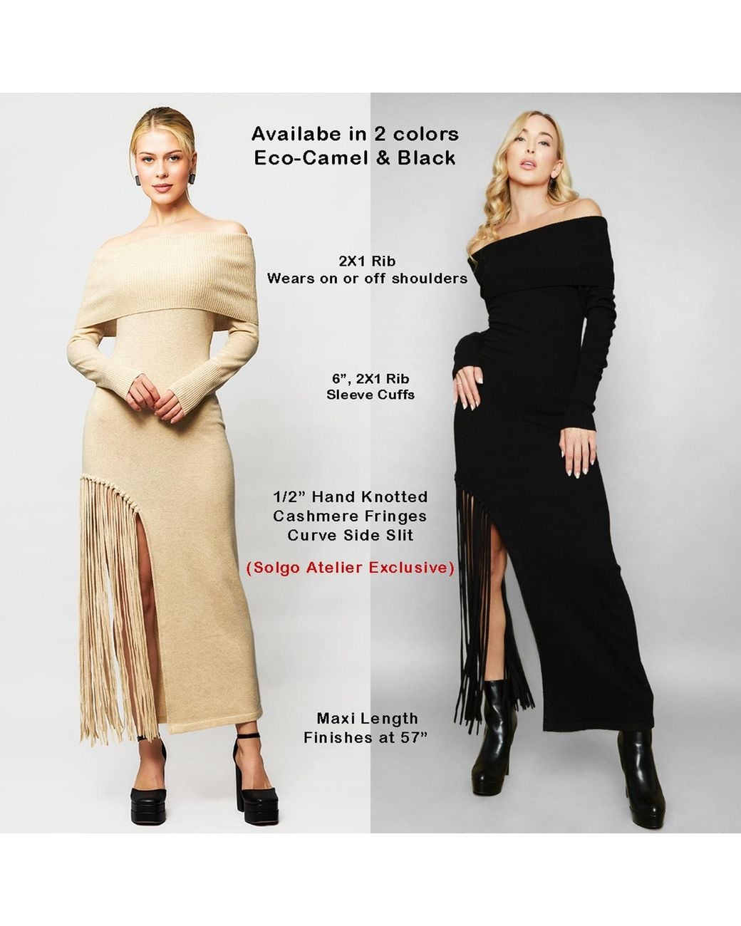 Solgo Atelier Natural Neutrals Peris Off-Shoulder Cashmere Maxi Dress