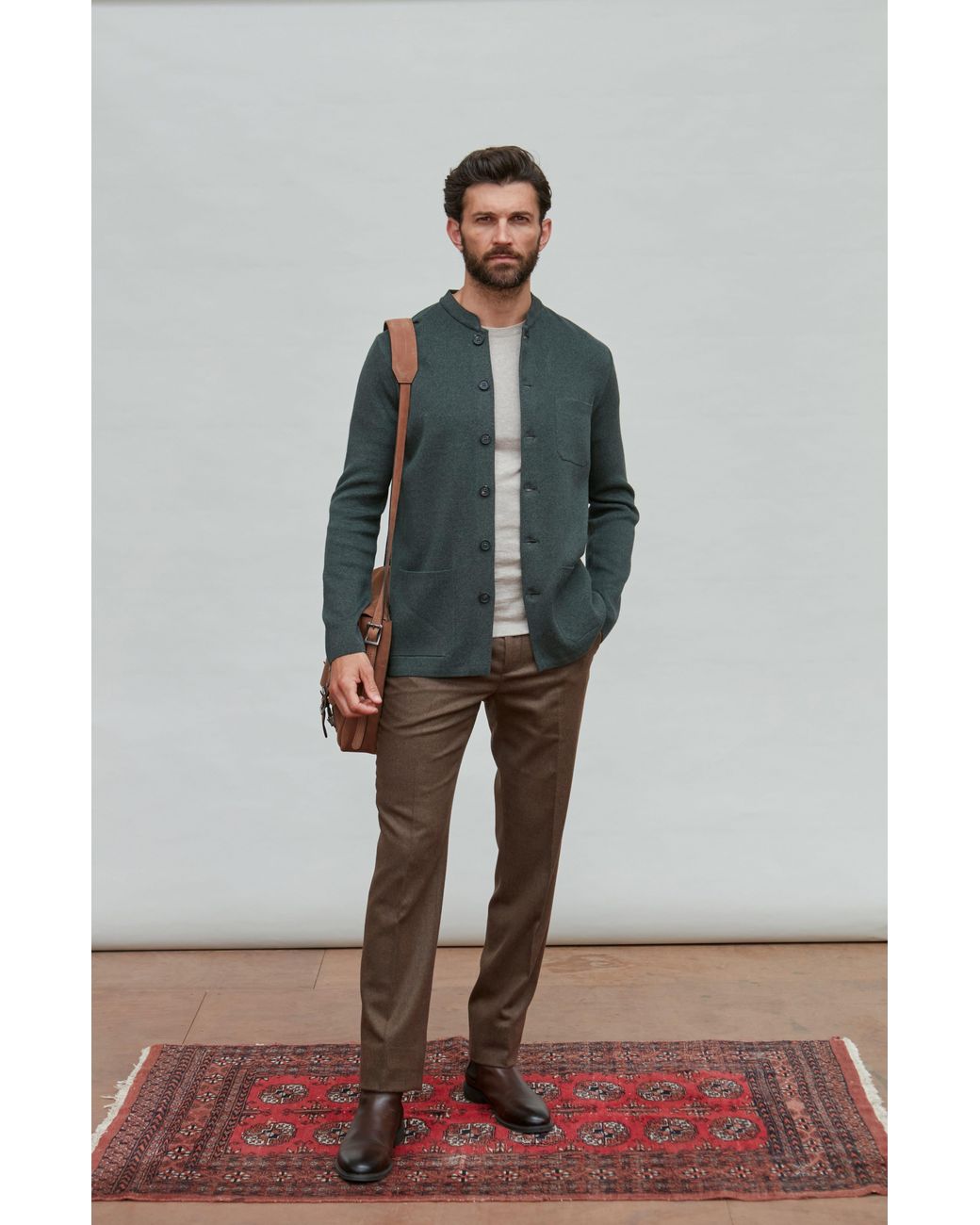 Paul James Knitwear Green Midweight Cotton Jaipurr Knitted Nehru Jacket for men