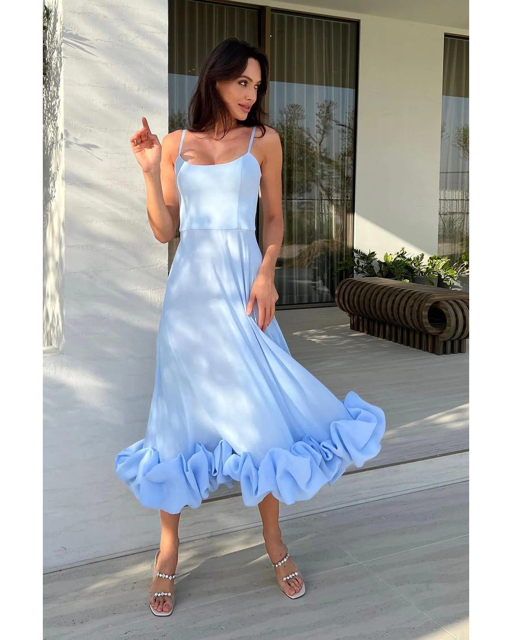 POST MERIDIEM Blue Flounce Bustier Midi Dress