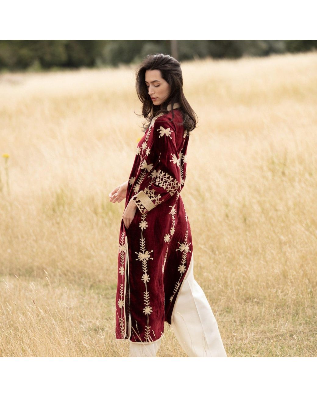 Antra Designs Red Suki Claret Silk Velvet Coat