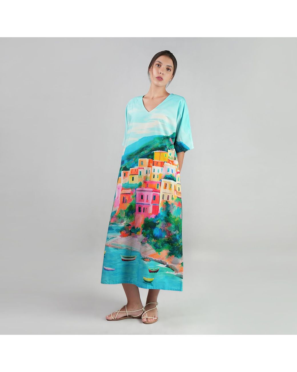 DHARA SHETH DUBAI Blue La Dolce Riviera Mediterraneanvintage Look Long Cotton Kaftan Dress With Pockets