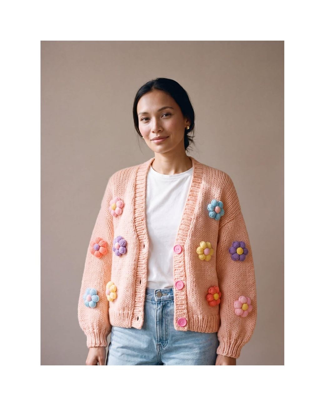 Ana Chic Pink Neutrals Puff Flower Handmade Knitted Cardigan