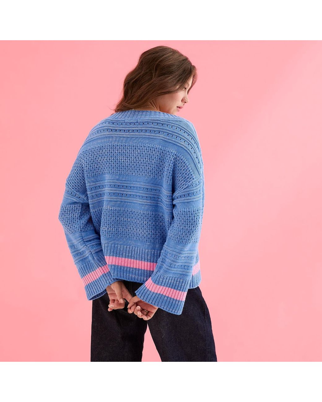 Cara & The Sky Blue Judith Pointelle Stitch V Neck Jumper