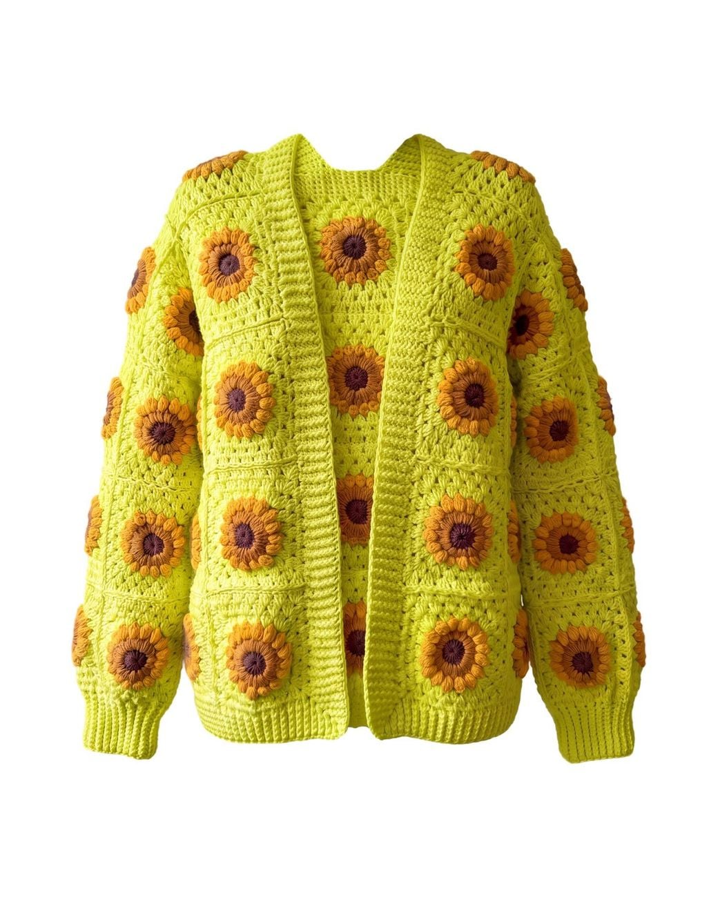 Ana Chic Yellow Lime Sunflower Granny Square Handmade Crochet Cardigan