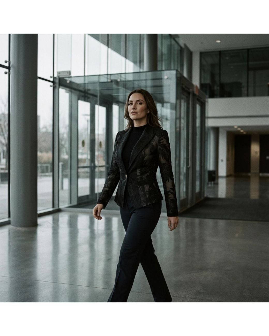 Modenaire Black Tailored Blazer With Sheer Lace Sleeves And Single Button Front