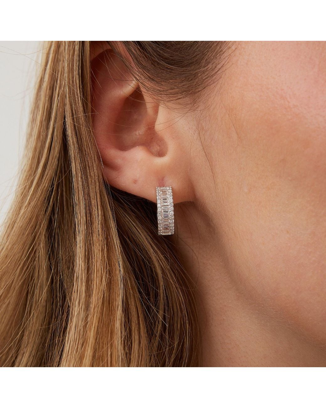Spero London Metallic Baguette Cubic Zirconia Sterling Pave Hoop Earring