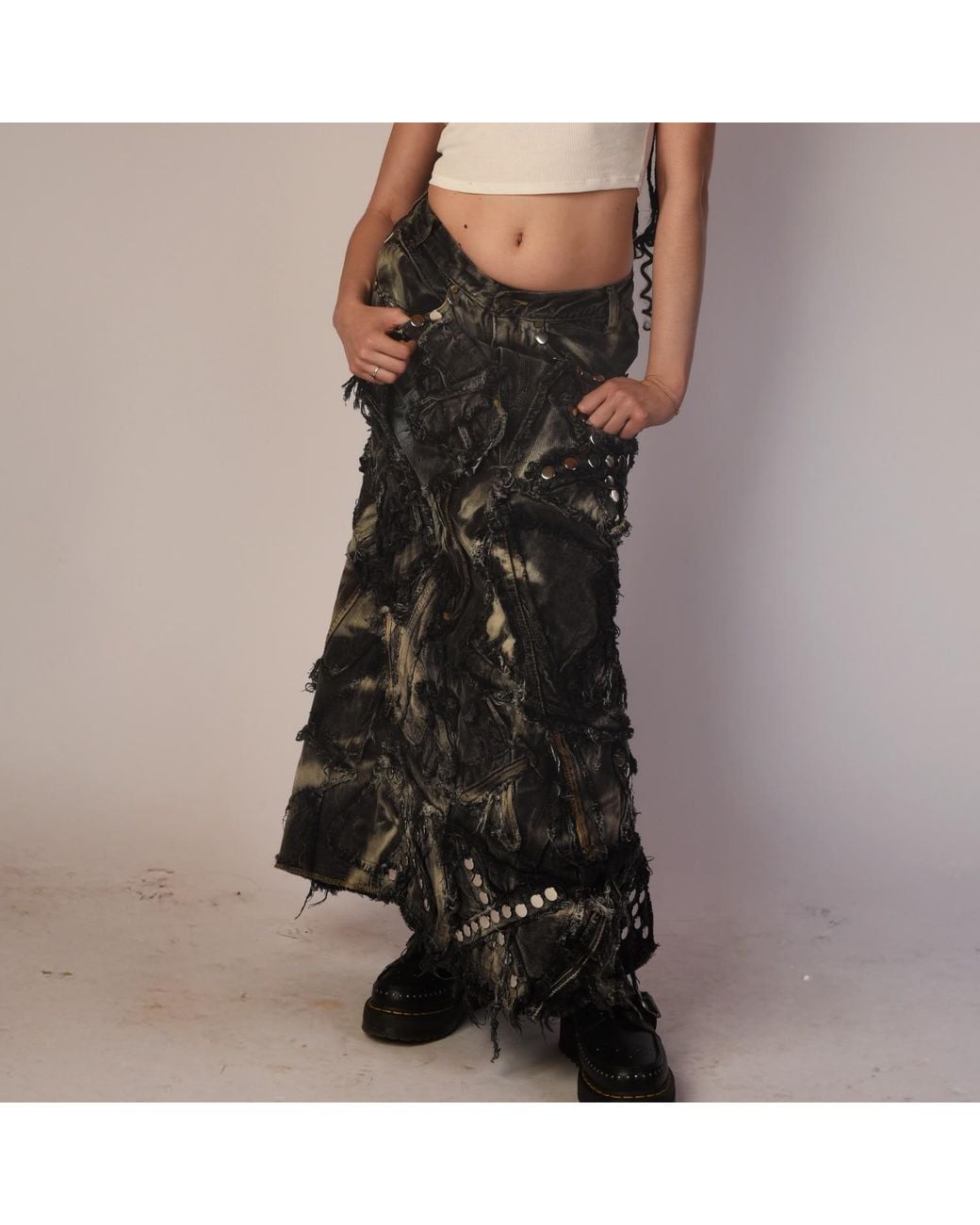 Zasta Studio Gray Shred Couture Studded Denim Skirt E