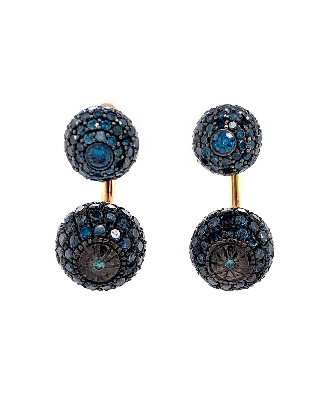 Artisan Blue Rose Diamond Pave Double Ball Front-Back Earrings