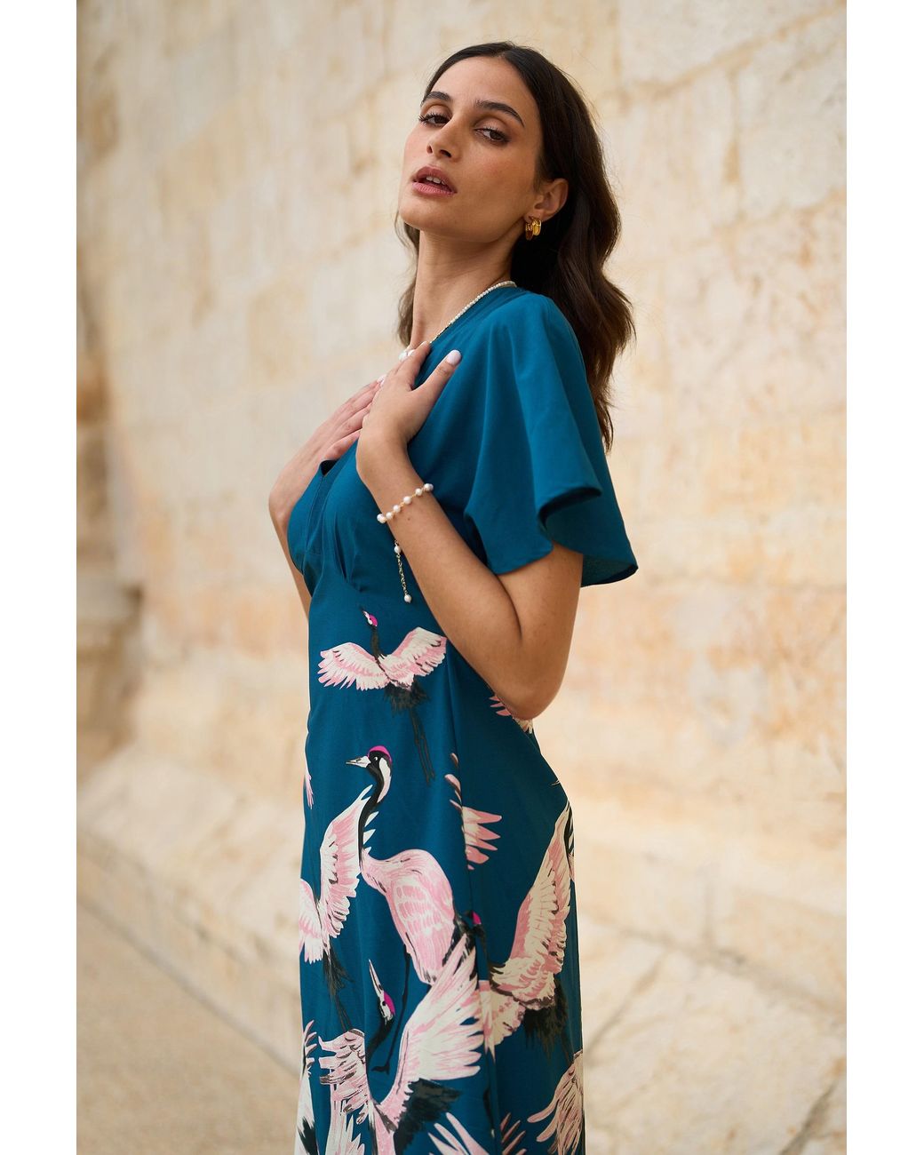 Yumi' Blue Recycled Fabric Crane Print Kimono Midi Dress