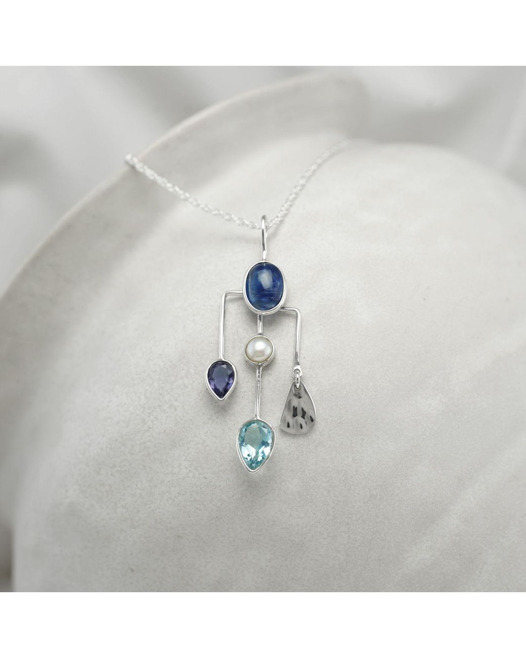 Isla Silver Blue Kyanite, Iolite, Pearl, & Topaz Contemporary Gemstone Necklace