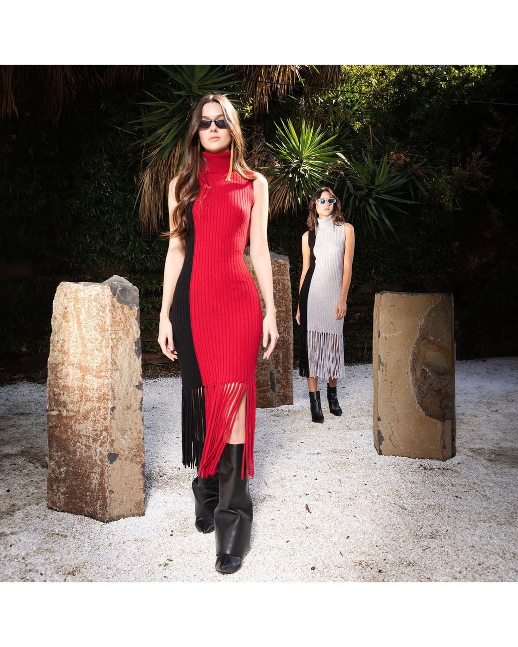 Solgo Atelier Red Elleann Turtle Neck Color Blocking Cashmere Dress