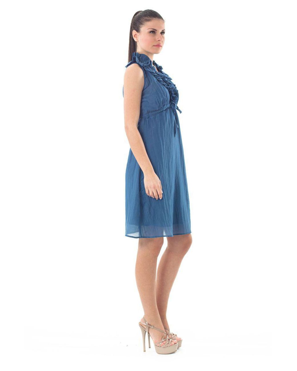 Conquista Blue Sleeveless Ruffle Detail Dress