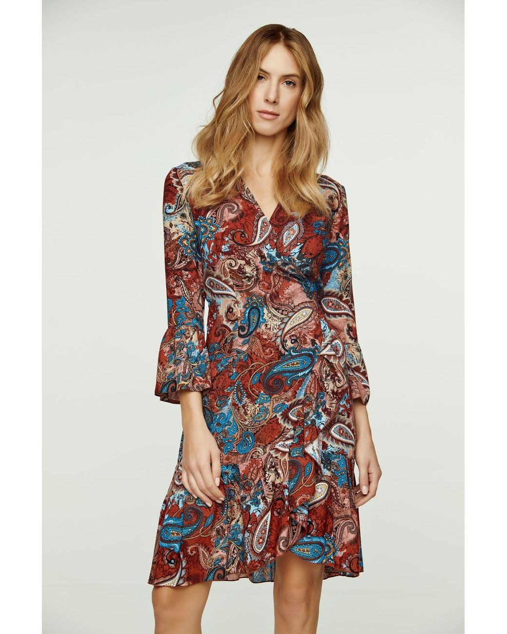 Conquista Red Paisley Print Viscose Wrap Dress With Bell Sleeves