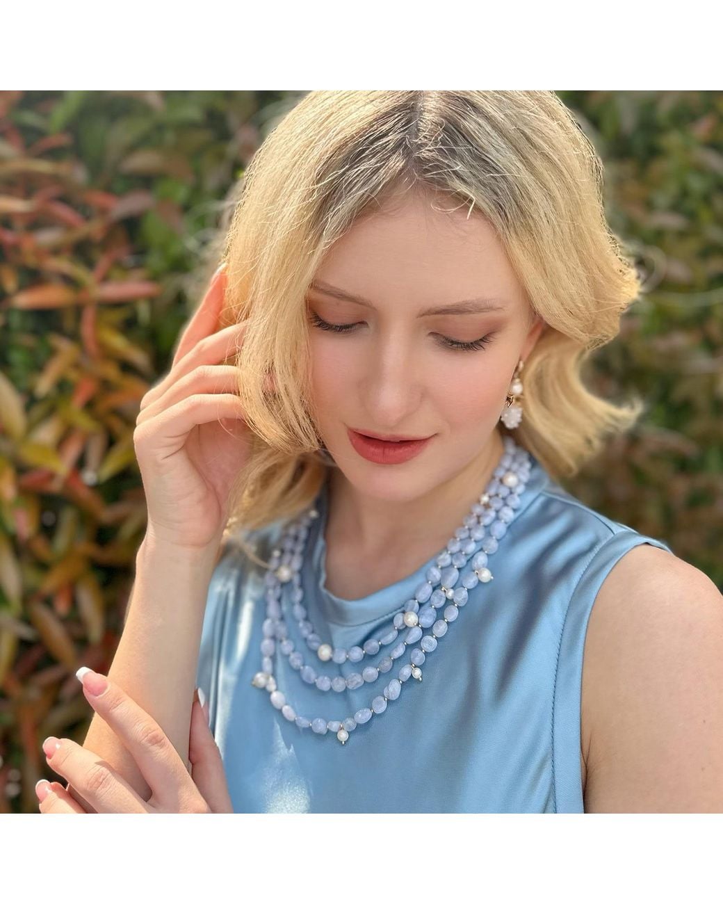Farra Blue Multi-Layers Lace Agate With Pearls Necklace
