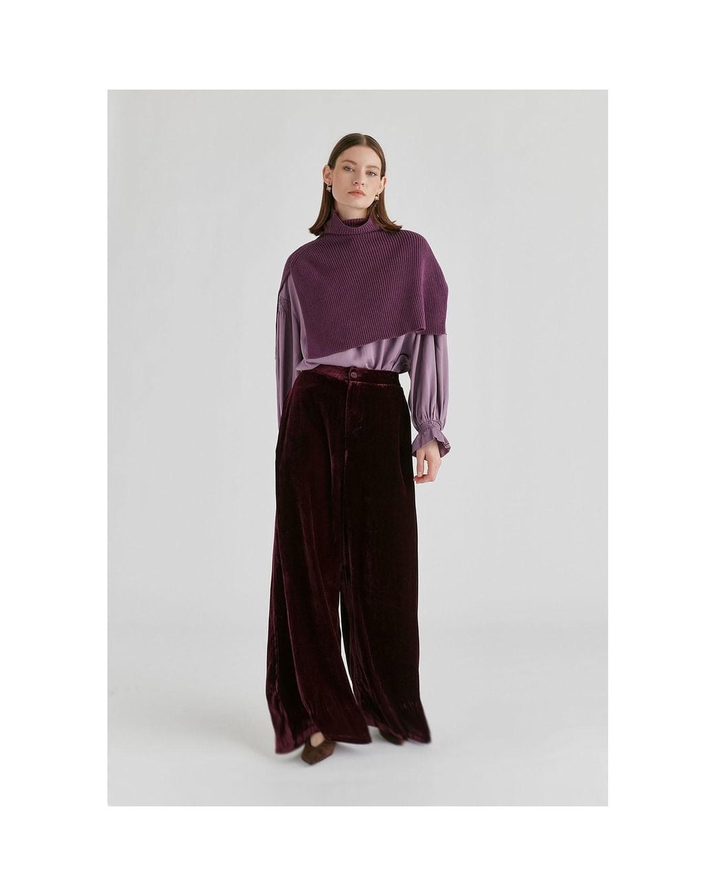 Paisie Brown Velvet Wide-Leg Trousers With Separate Elastic Ankle Bands