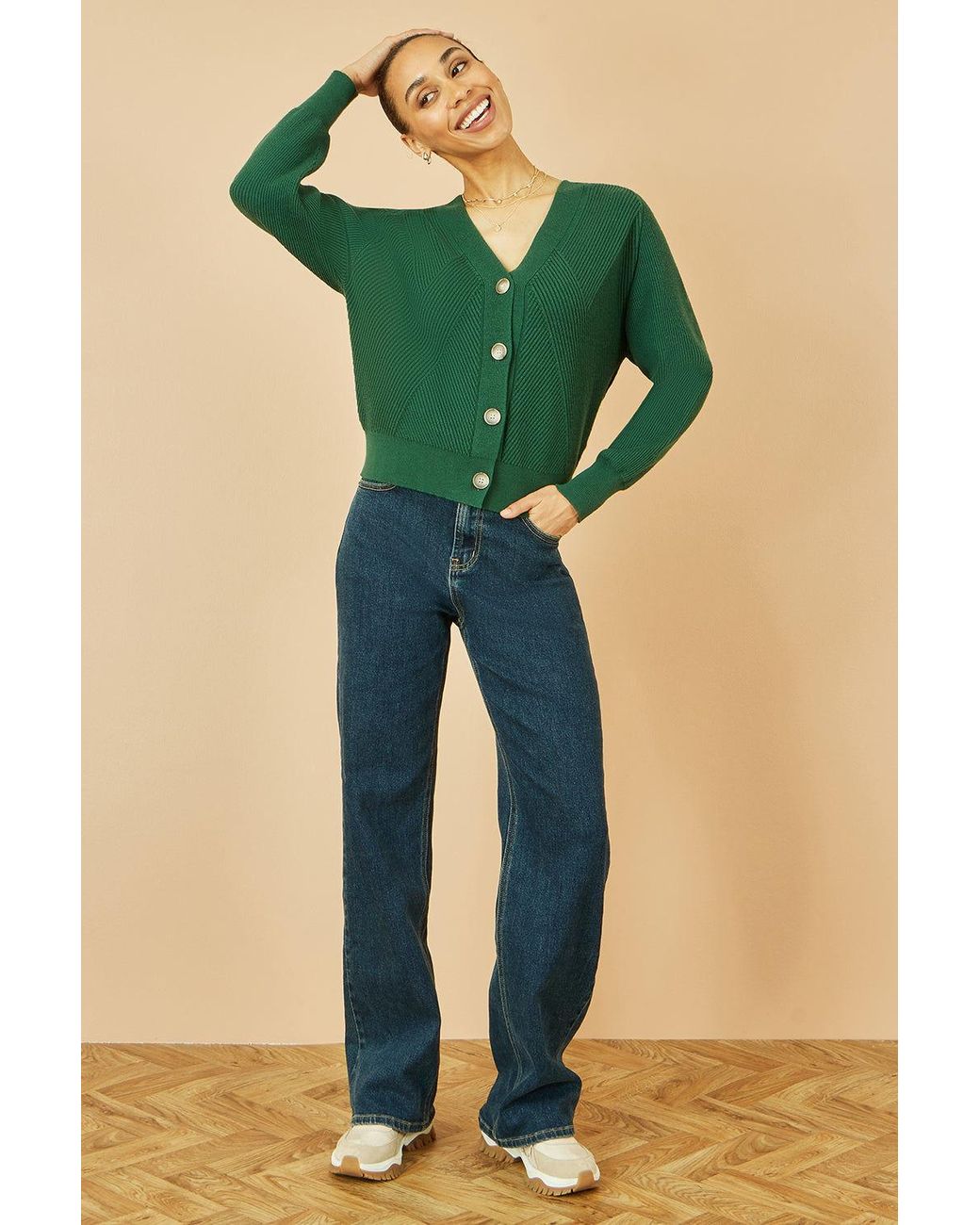 Yumi' Green Relaxed Fit Cardigan With Stitch Detail