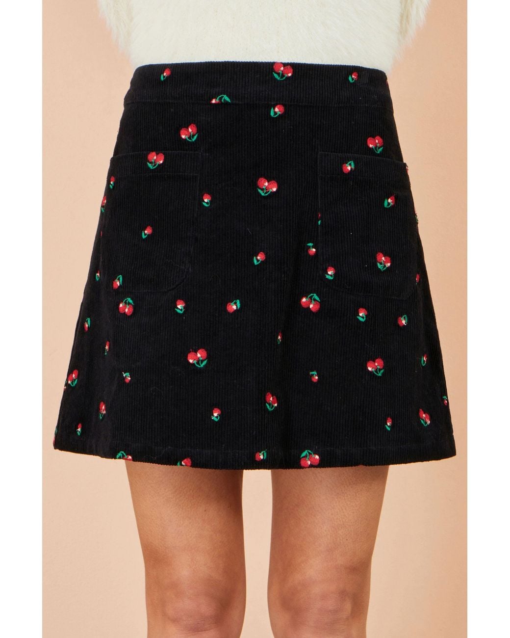 Yumi' Black Cherry Embroidered Cord Mini Skirt