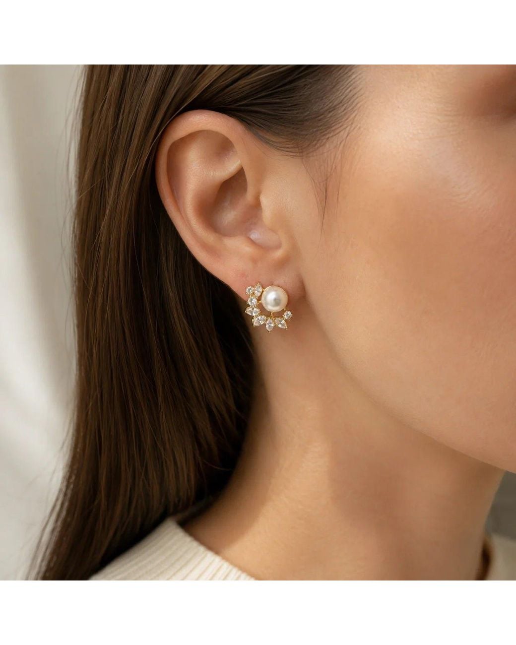 Angel Barocco Metallic Freshwater Pearl Crystal Leaf Stud Earrings