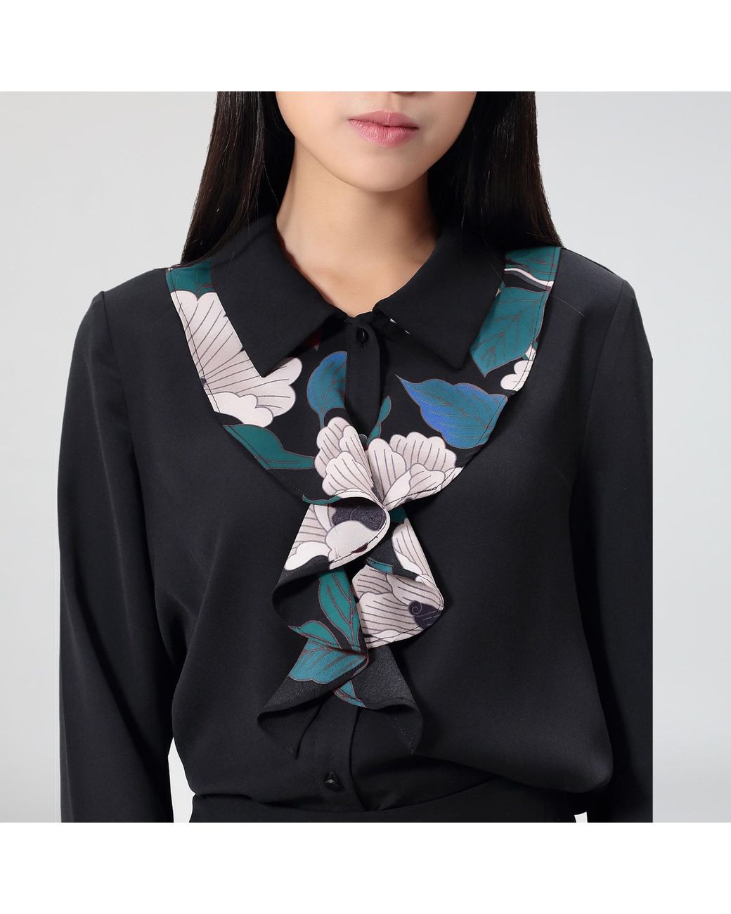 Smart and Joy Blue Flower Print Jabot Collar Blouse