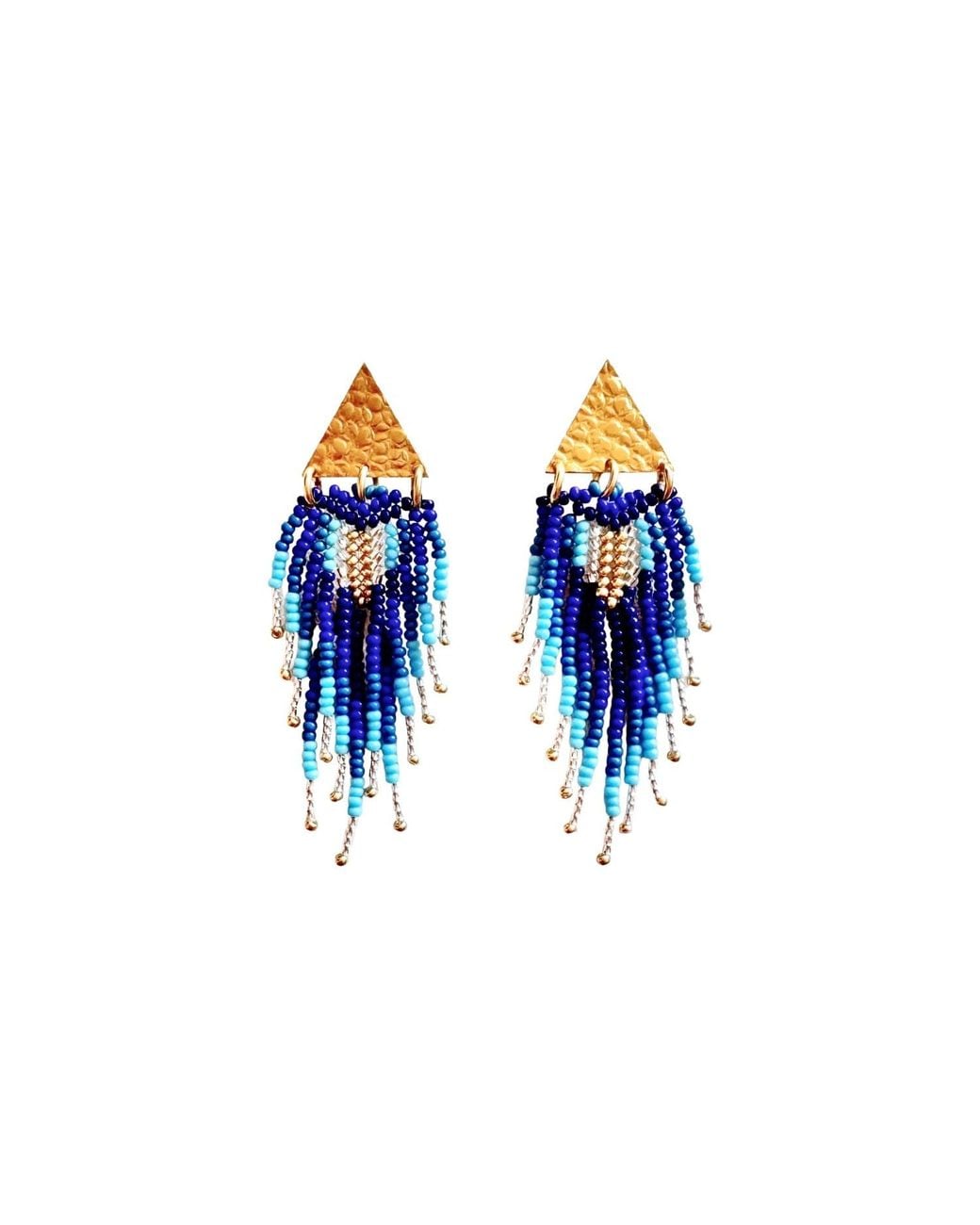 Iliana Arrazola Blue Triangle Fringe Dangle Earrings, Glass Beads, Beaded Jewelry