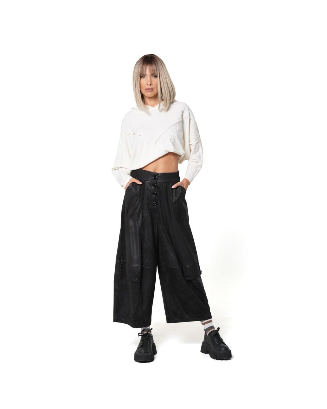 Metamorph Black Wide-Leg Faux Suede Trousers With Buttons