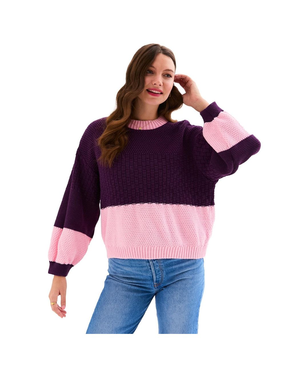 Cara & The Sky Purple Taz Colour Block Balloon Sleeve Jumper