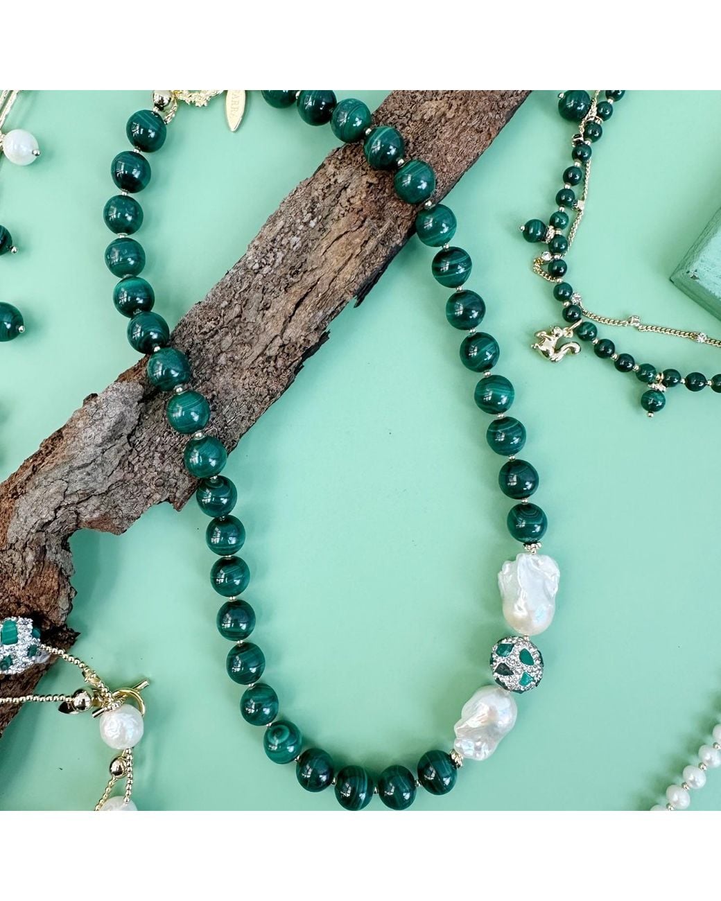 Farra Green Gorgeous Malachite With Baroque Pearls Statement Necklace