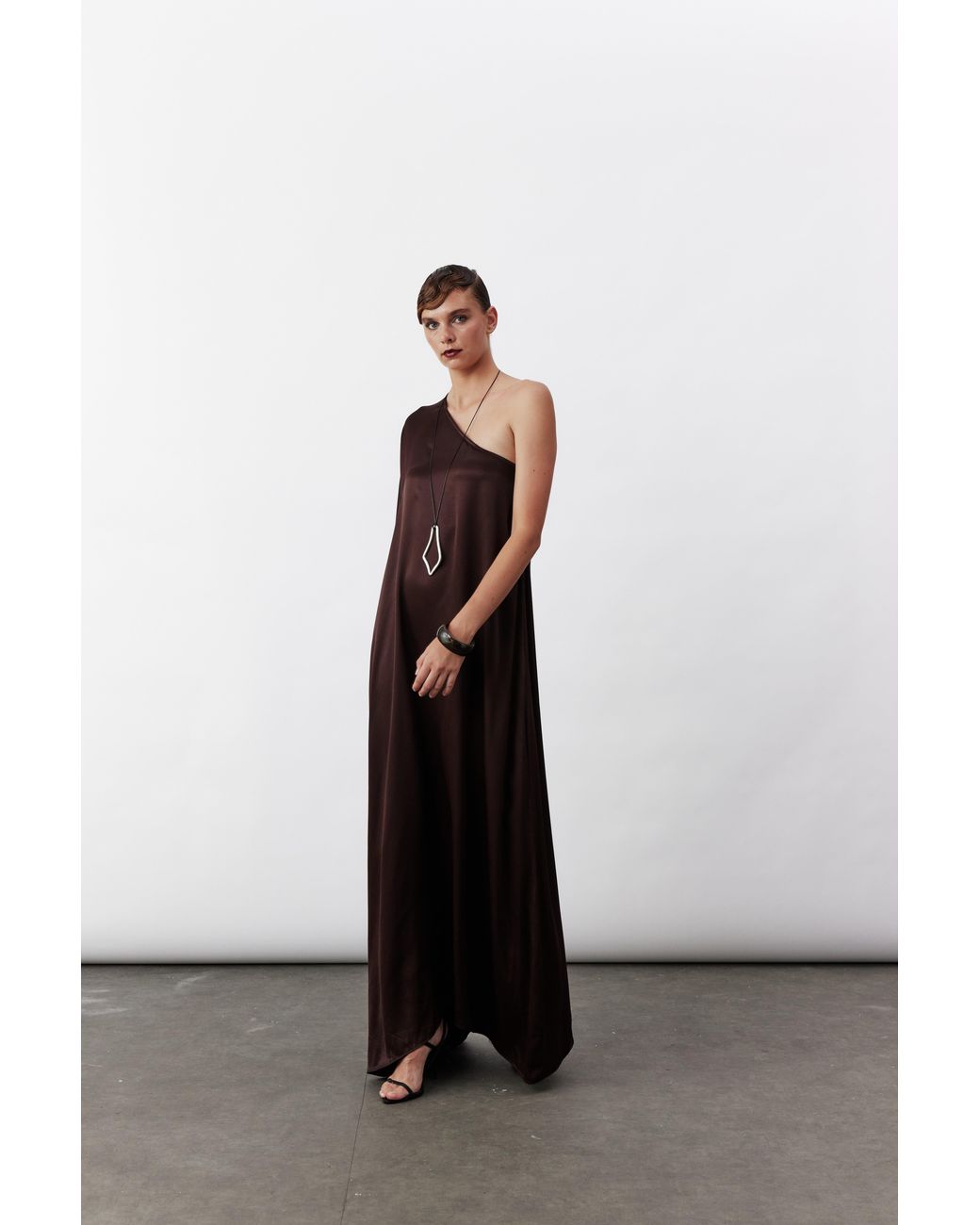 NAZLI CEREN Brown Venus One-Shoulder Maxi Dress