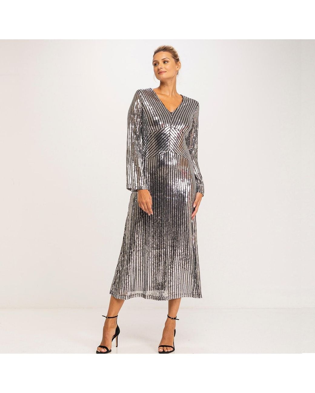 Tantra Spain Sl Gray Sequined Midi A Line Dress With Long Sleeves