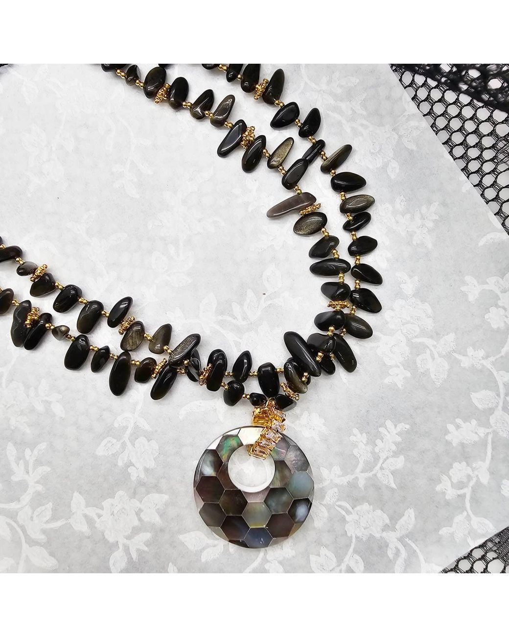 Farra Black Obsidian With Shell Pendant Classical Necklace