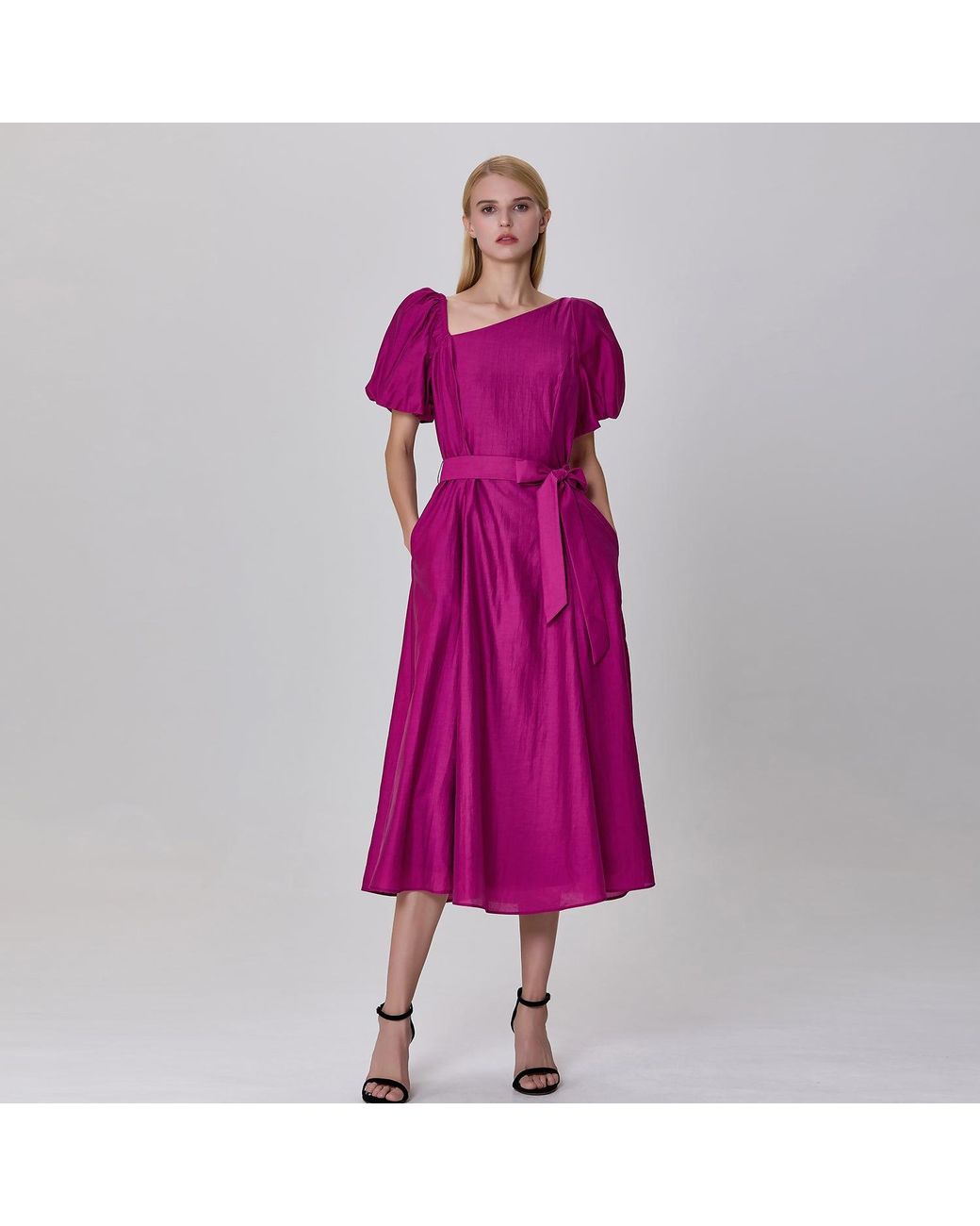Smart and Joy Pink Fit-And-Flare Asymmetric Collar Dress