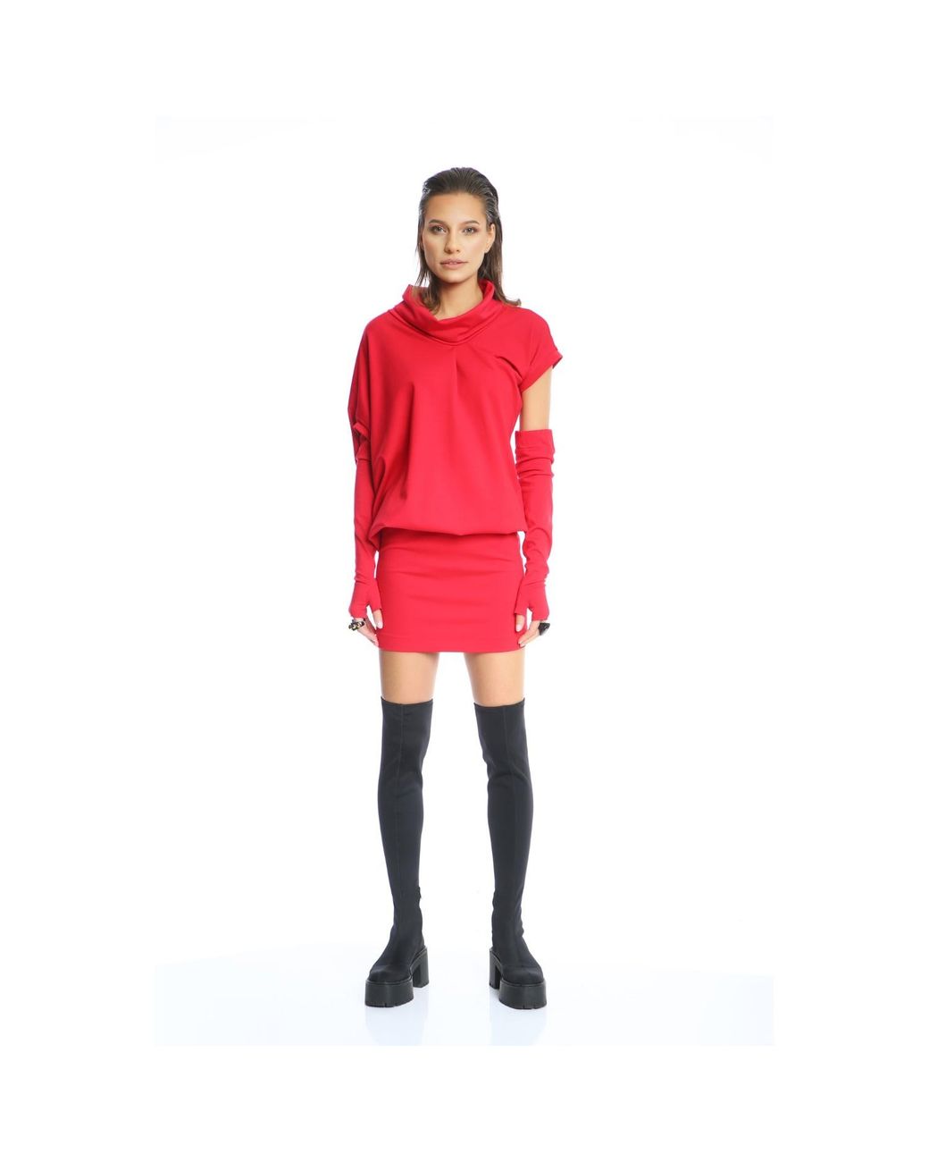 Silvia Serban Red Adjustable Length Dress & Gloves
