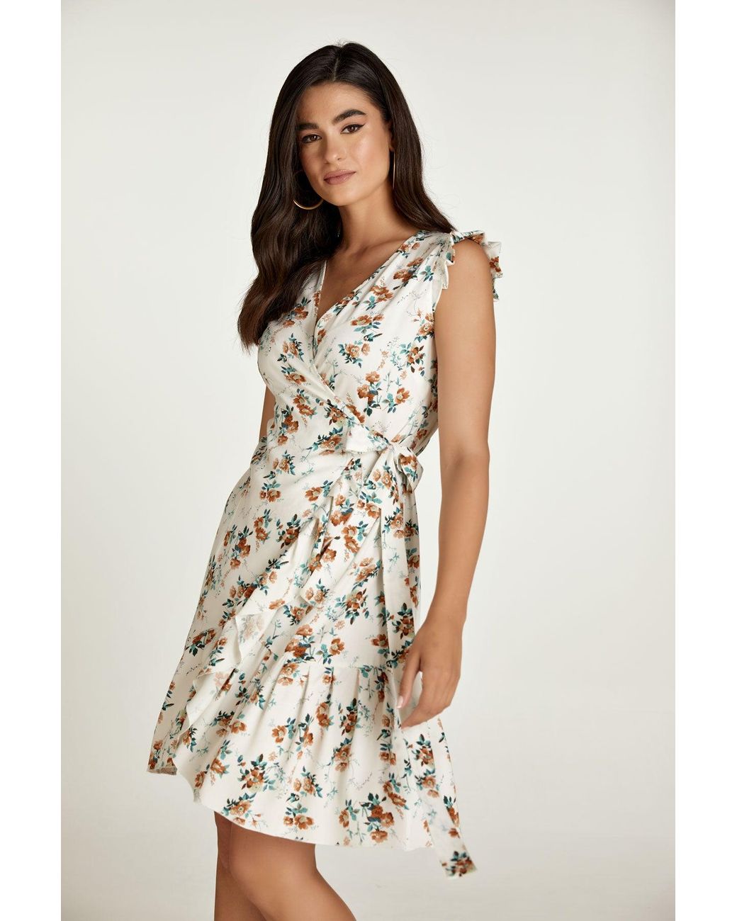 Conquista White Neutrals Ecru Floral Wrap Dress