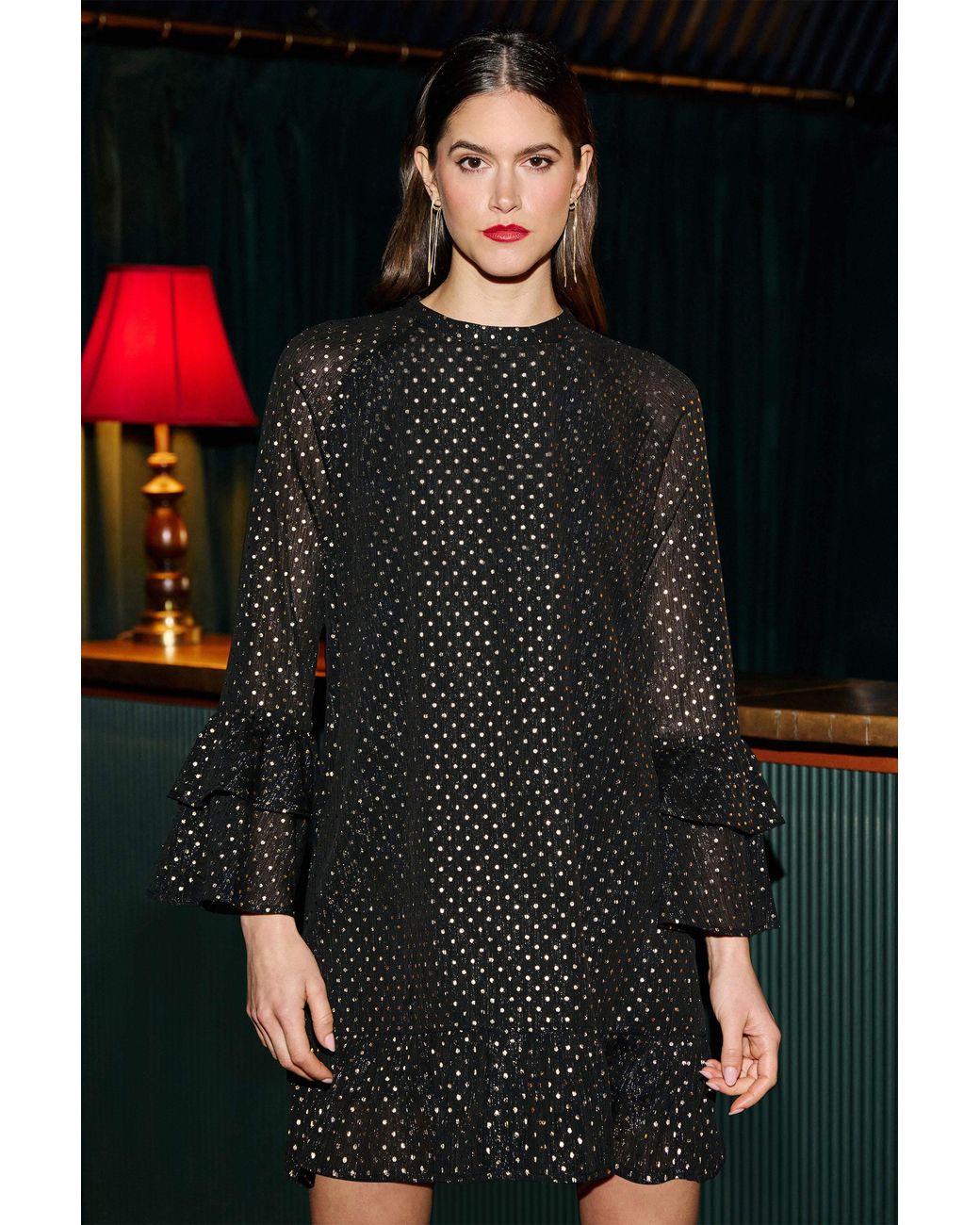 Yumi' Black Foil Print Tunic With Flared Sleeves