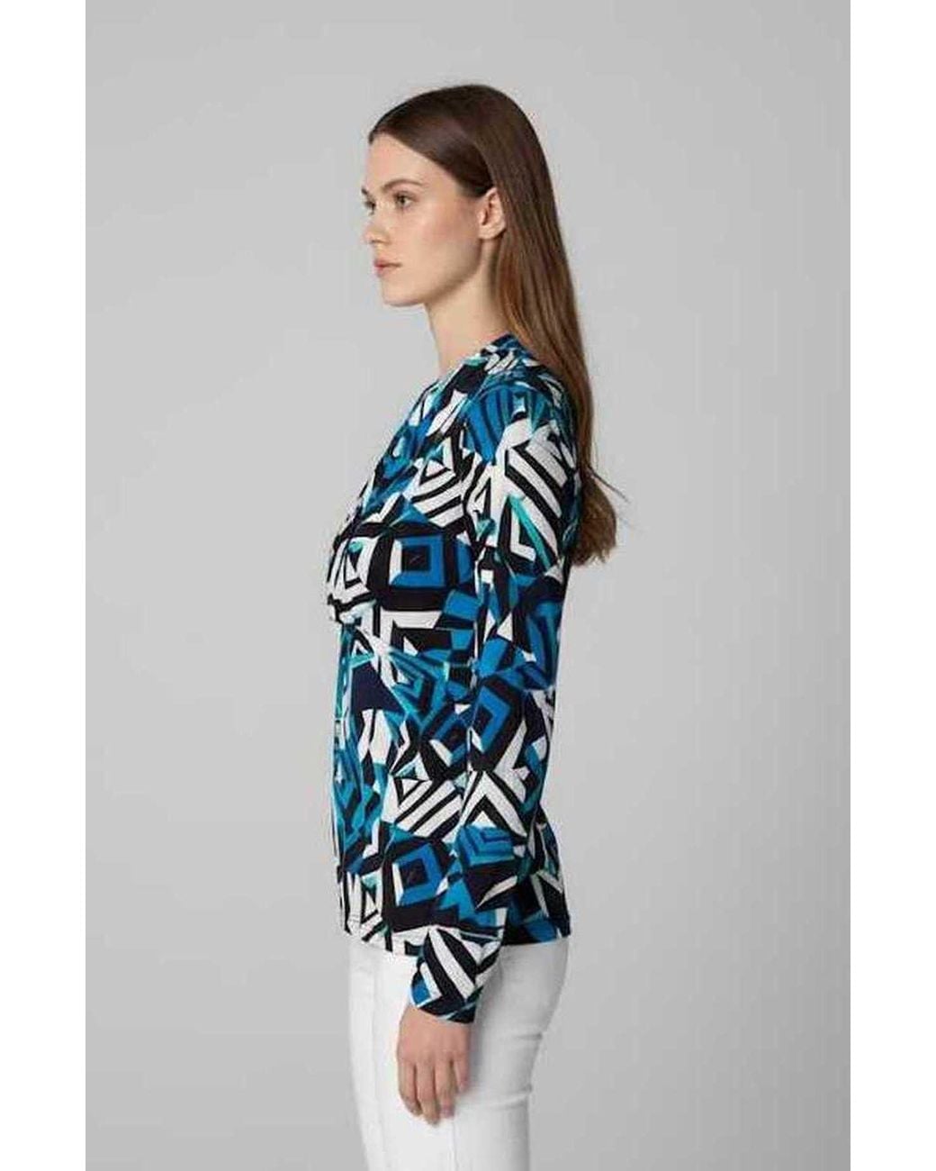 Conquista Blue Geometric Print V-Neck Long-Sleeve Top