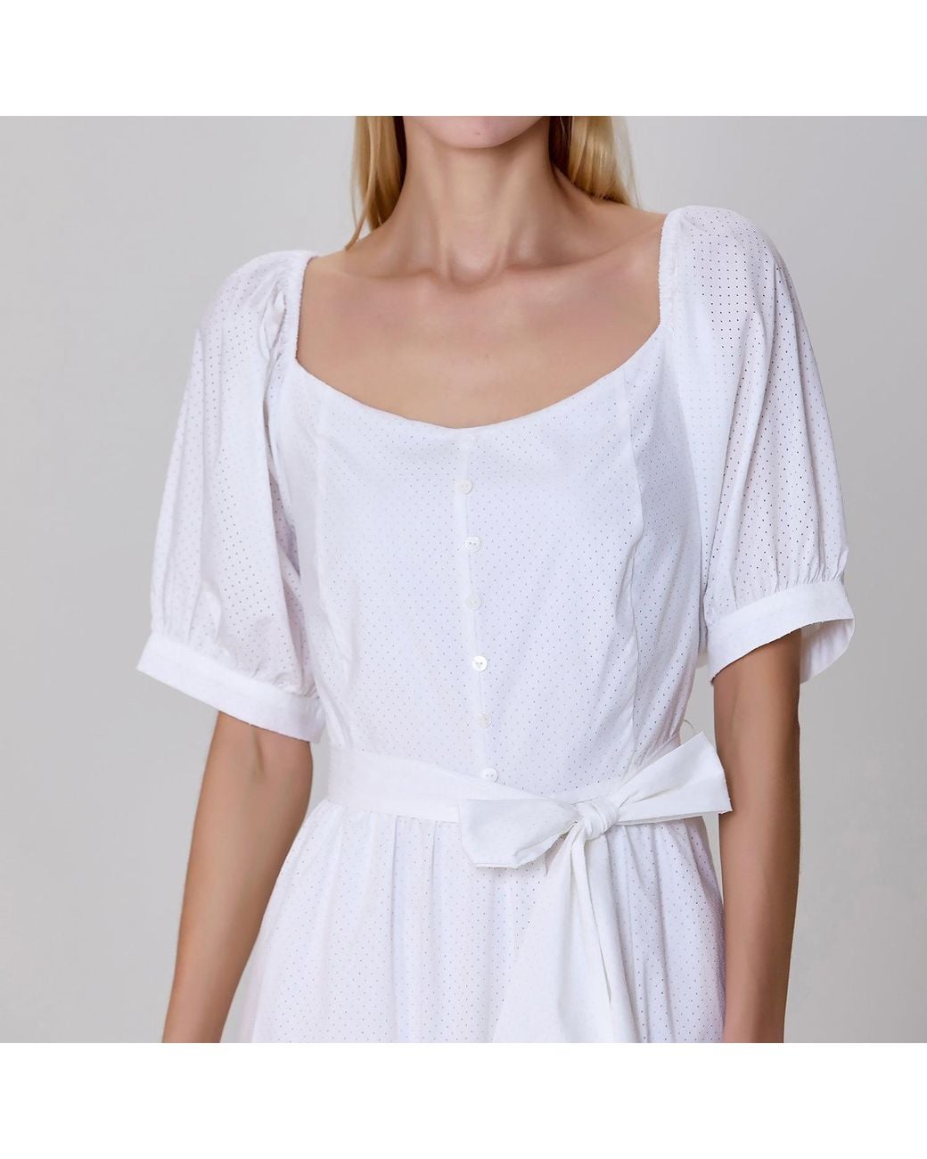 Smart and Joy White Puffy Sleeves Fit-And-Flare Blouse-Dress