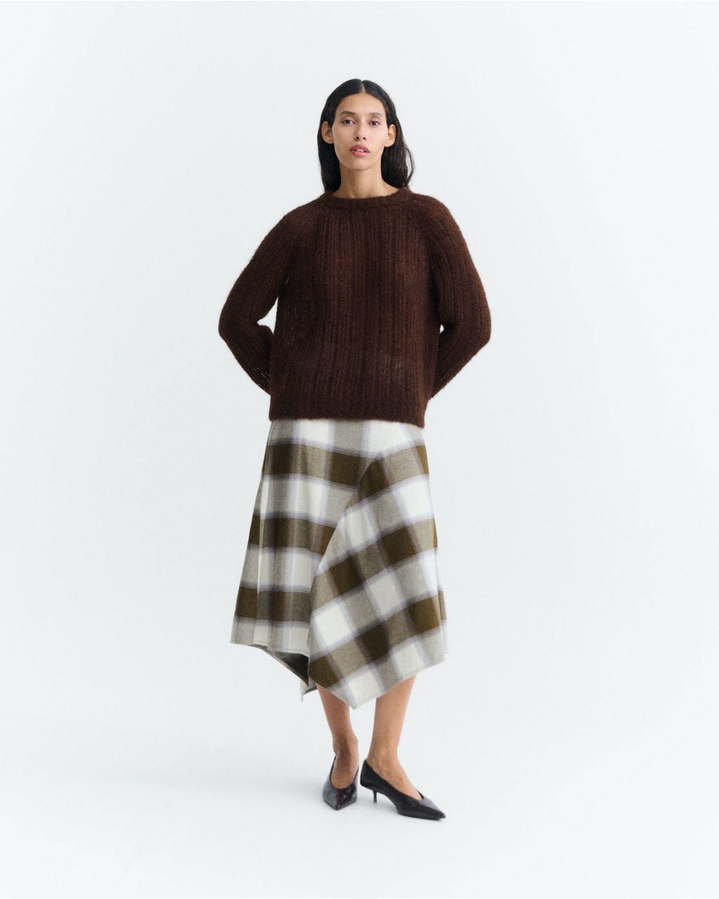 Thinking Mu Natural Indira Checkered Midi Skirt