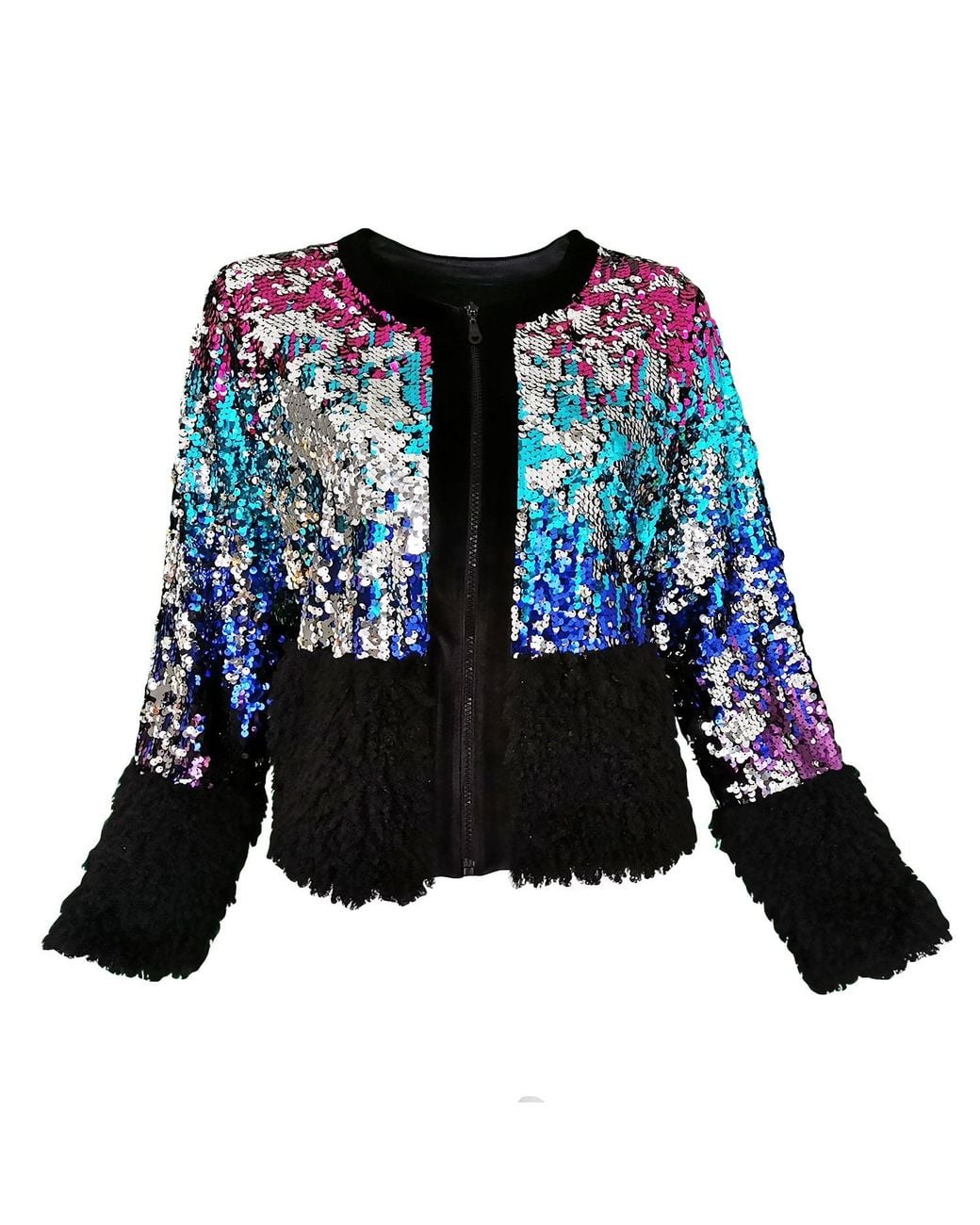 Lalipop Design Blue Double-Sided Sequined Bomber Jacket With Velvet & Faux-Fur Details