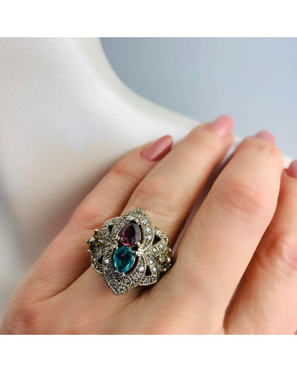 Bellus Domina Metallic Sterling London Topaz & Amethyst Cocktail Ring