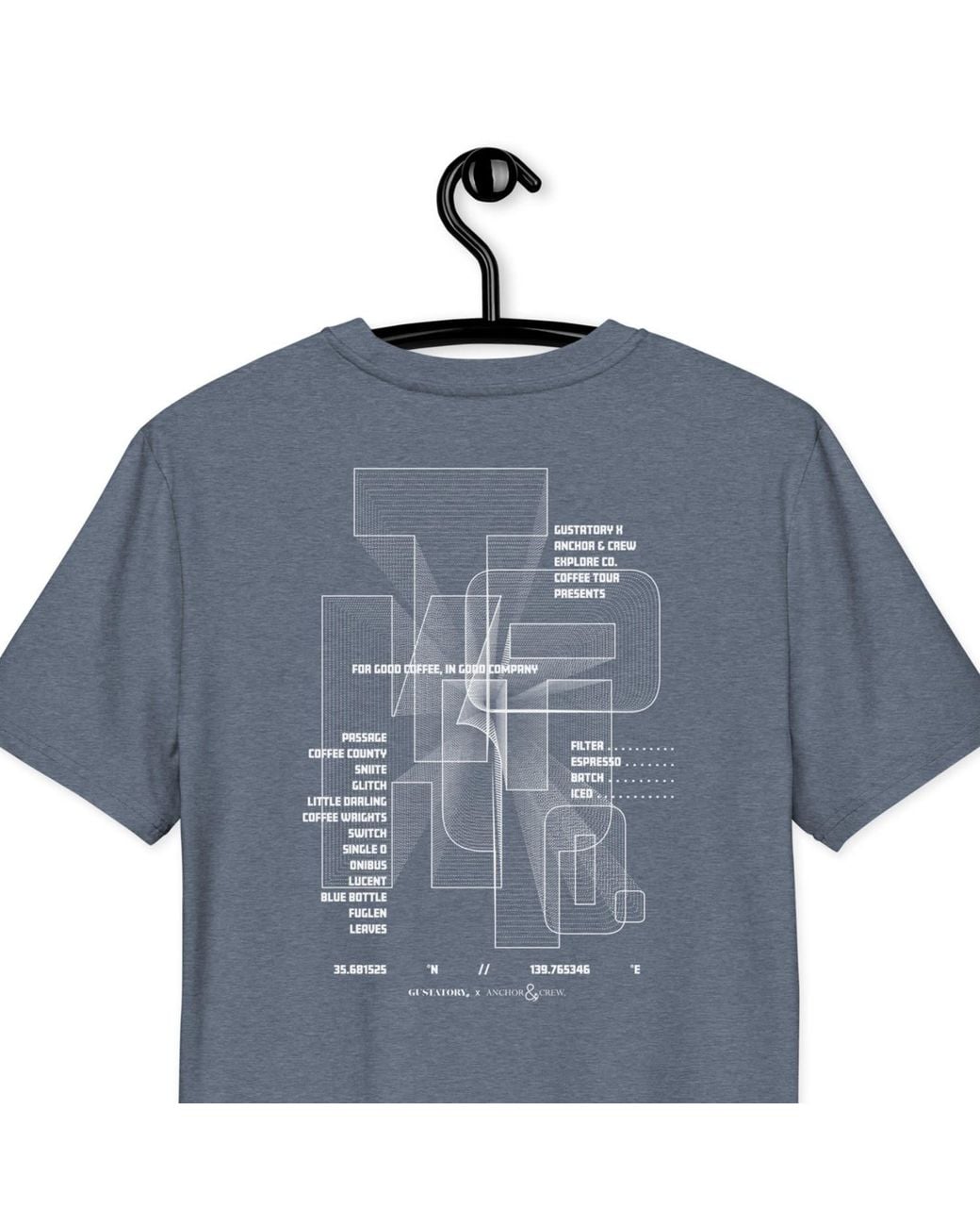 Anchor and Crew Blue Heather Gustatory Tokyo Coffee Scene Organic Cotton Embroidered T-Shirt