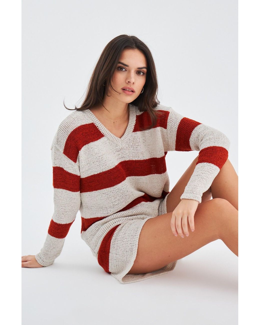 Peraluna Red Siena Knitted Striped Blouse & Shorts Matching Set