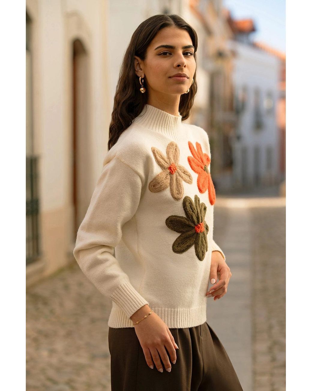 Yumi' White Ivory Knitted High Neck Jumper With Applique Flowers