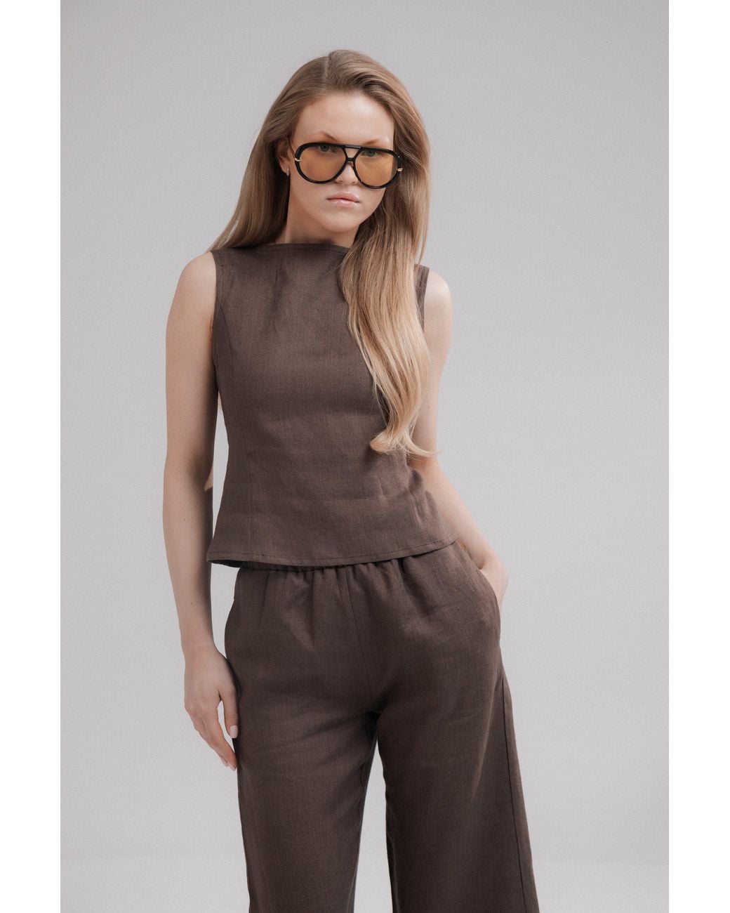 Idyllo Brown Linen Open Back Top With Tie