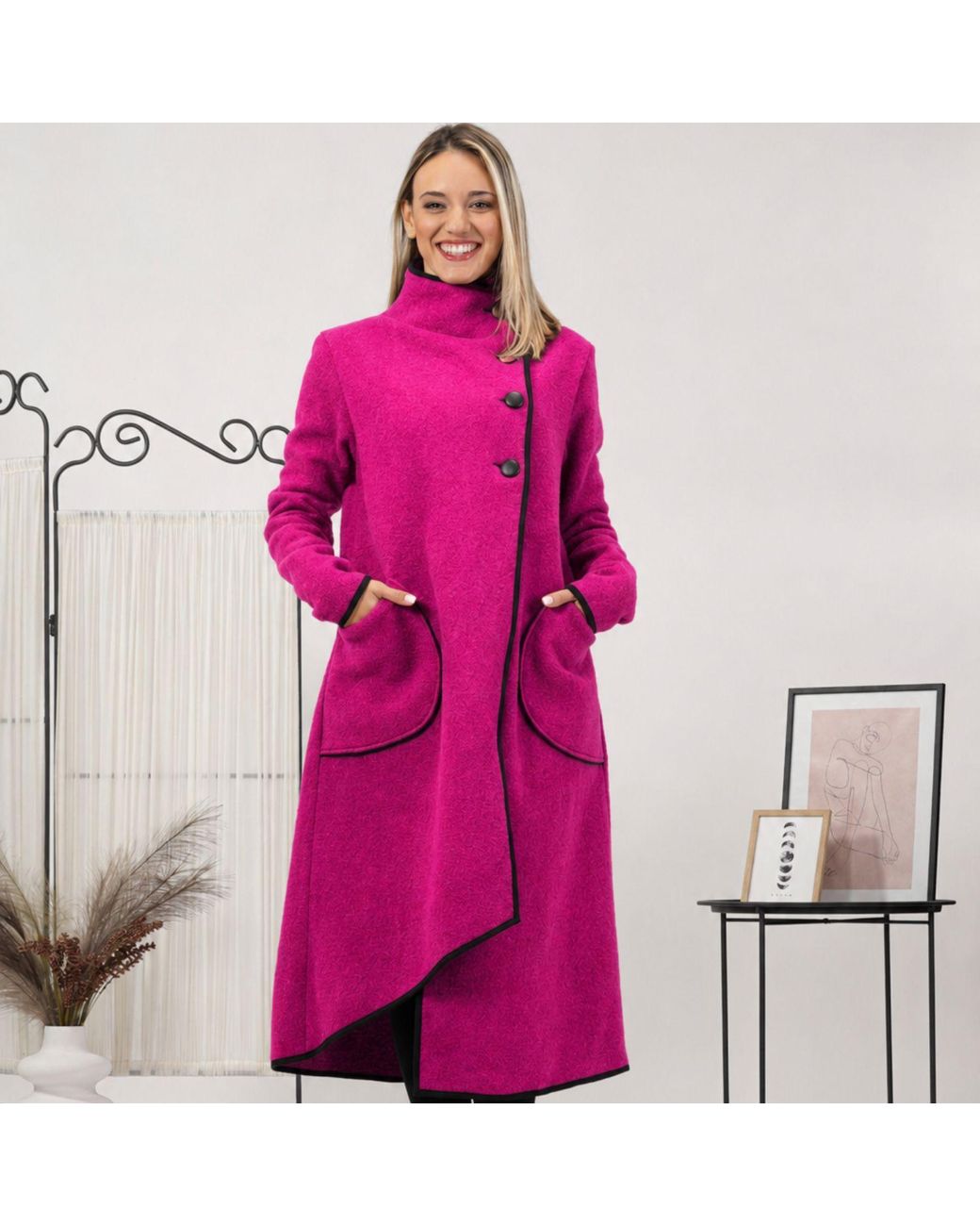 Nikka Place Pink Boiled Wool Buttoned Cardigan With Big Pockets
