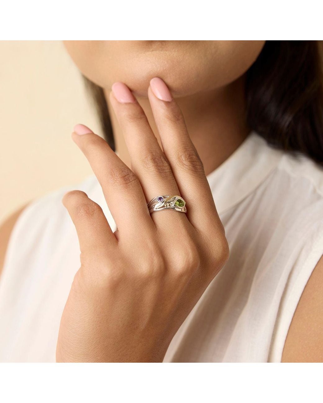 Isla Silver White Sterling Peridot & Amethyst Ring