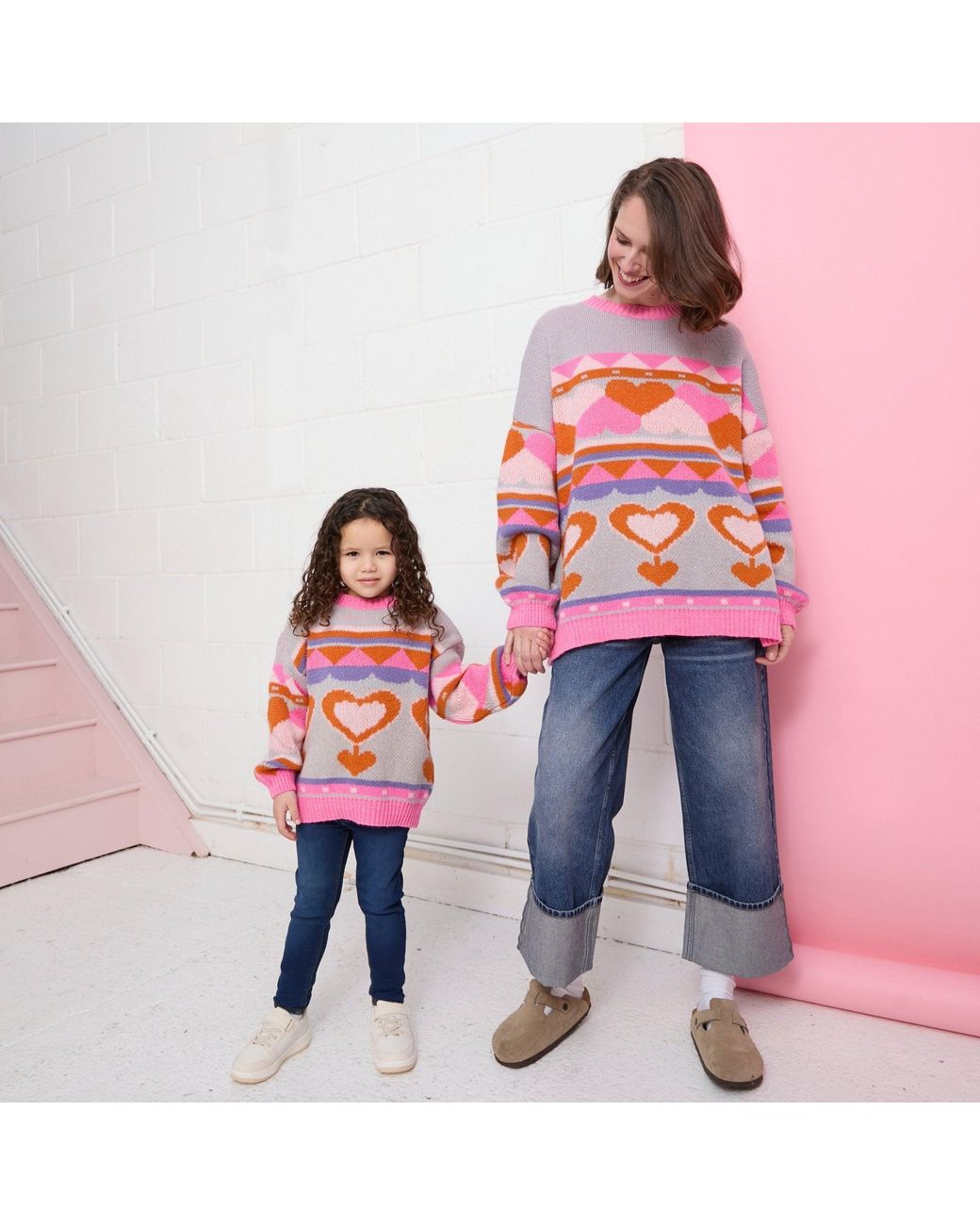 Cara & The Sky Pink Poppy Heart Intarsia Balloon Sleeve Oversized Jumper